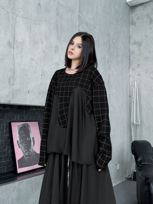 Grid Layered Contrast Top